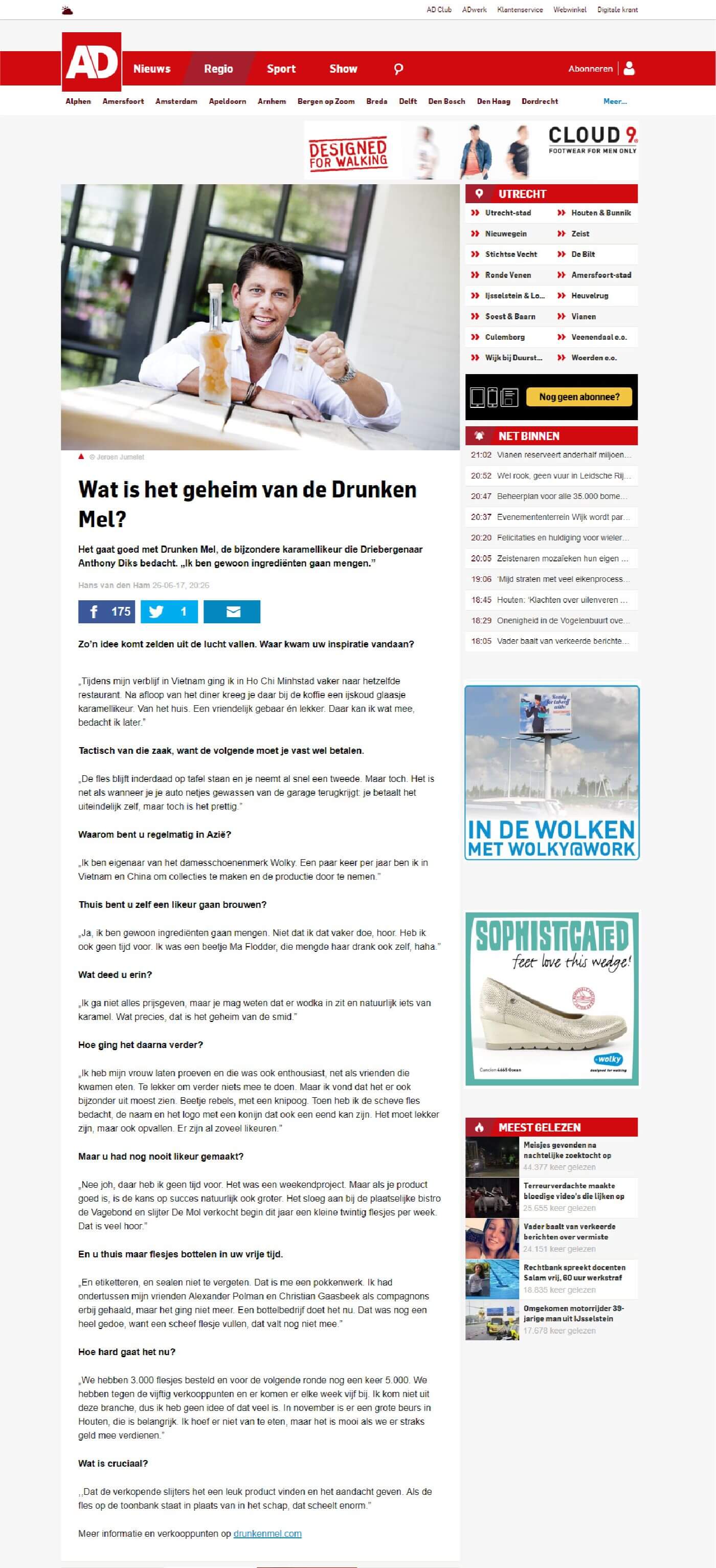 Kranten artikel Drunken Mel Pers Drunken Mel krant