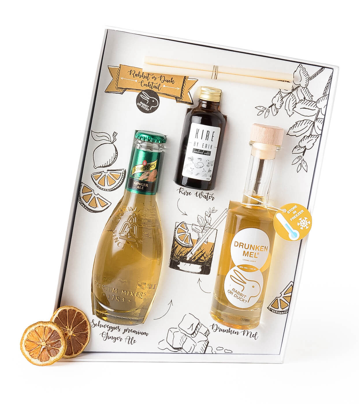 Uitverkochte Before en afterdinner drink met heerlijke port en drunken mel Cocktailbox geopend met Premium Schweppes Ginger Ale, KIRE water, •	Gedroogde limoen en avocadopit-rietjes.