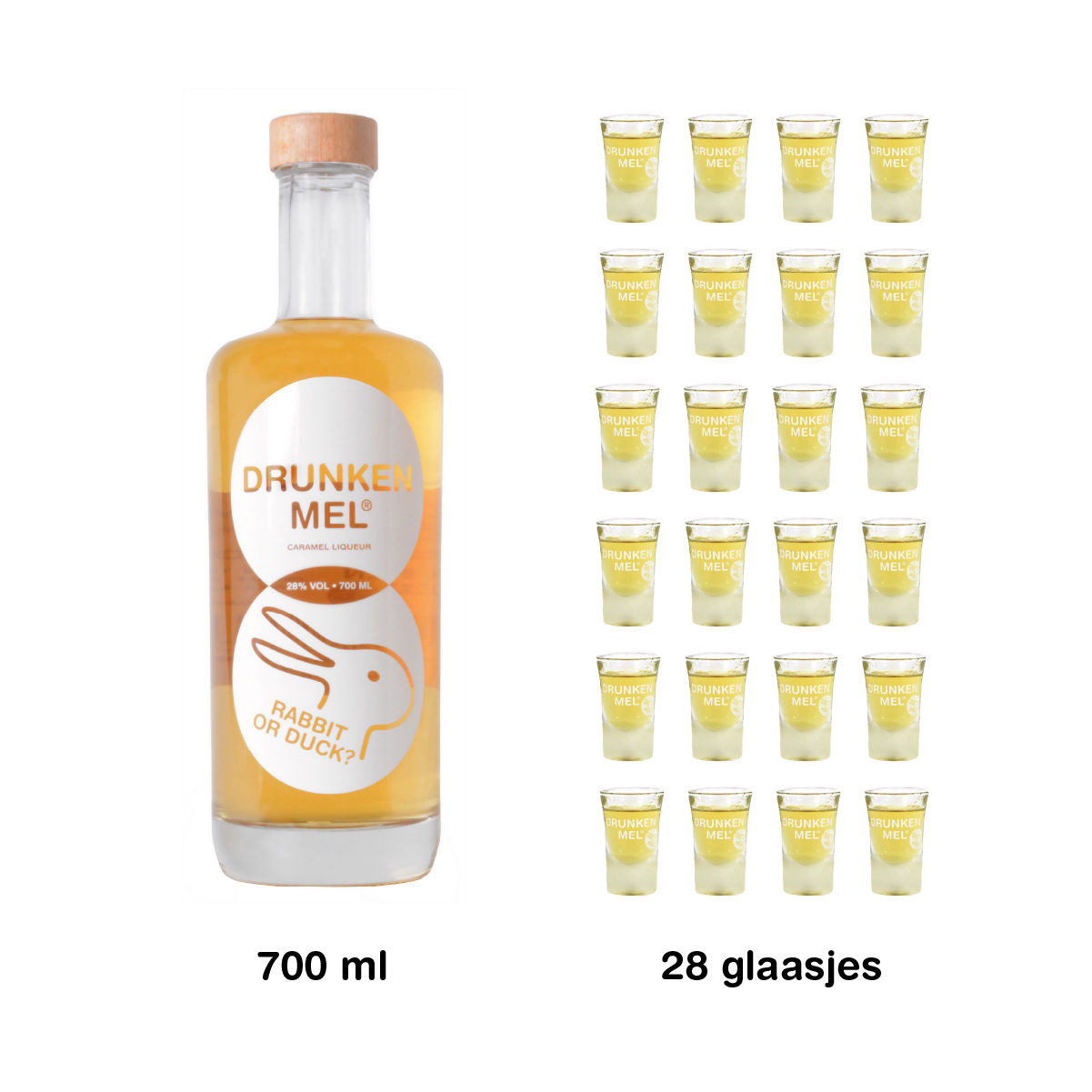 Schuine en scheve fles Karamel Likeur van Drunken Mel. Drunken Mel fles met witte achtergrond